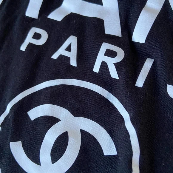 Chanel white logo on black V neck T-shirt. Size marked large, fits like sm/med. - Picture 5 of 6